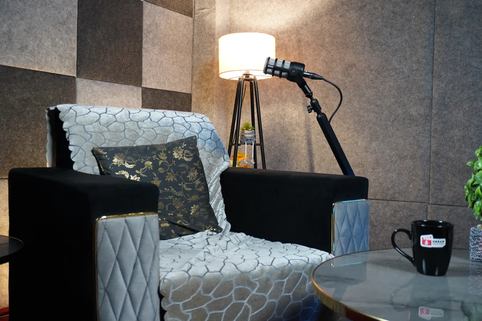 Cozy recording corner with tripod lamp and boom-mounted microphone
